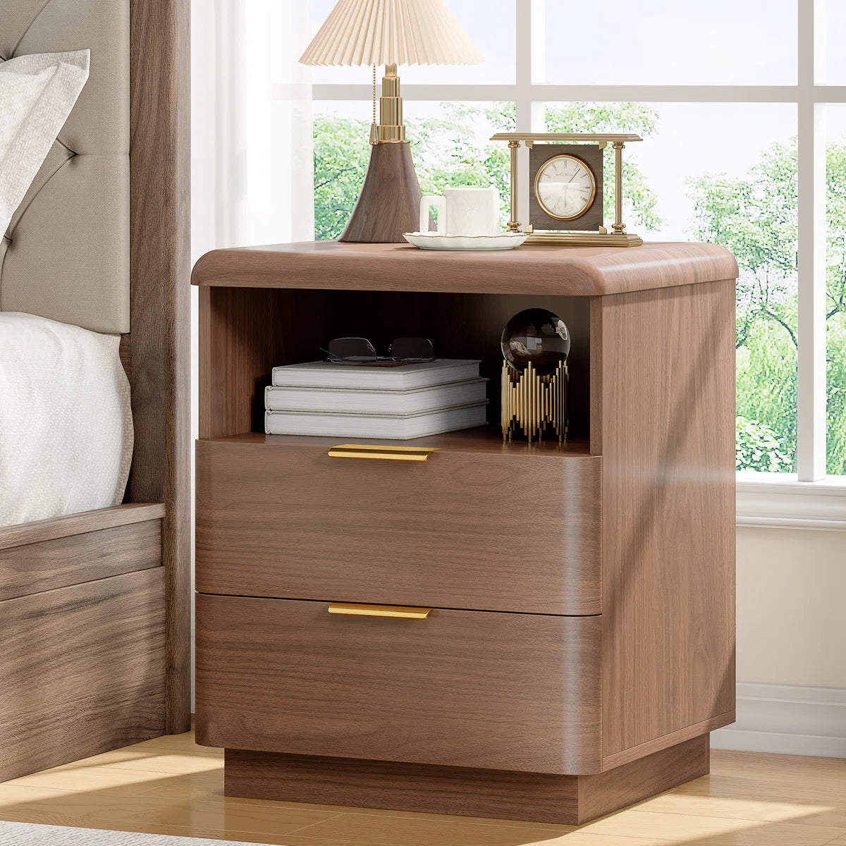 Cota Wooden Nightstand 2 Drawer Bedside Table Storage Modern Dark Walnut