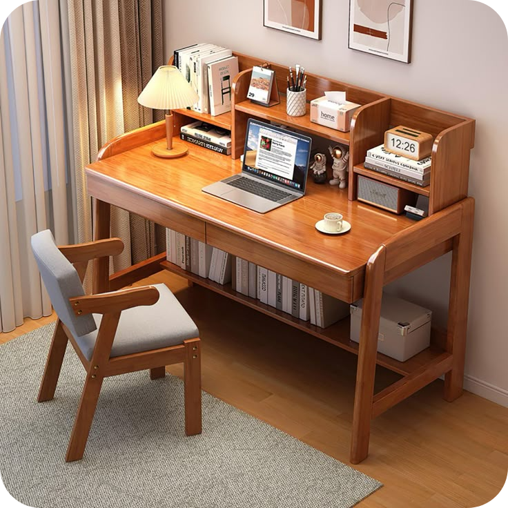 Modern Wooden Study Desk with Storage Shelves for Home Office