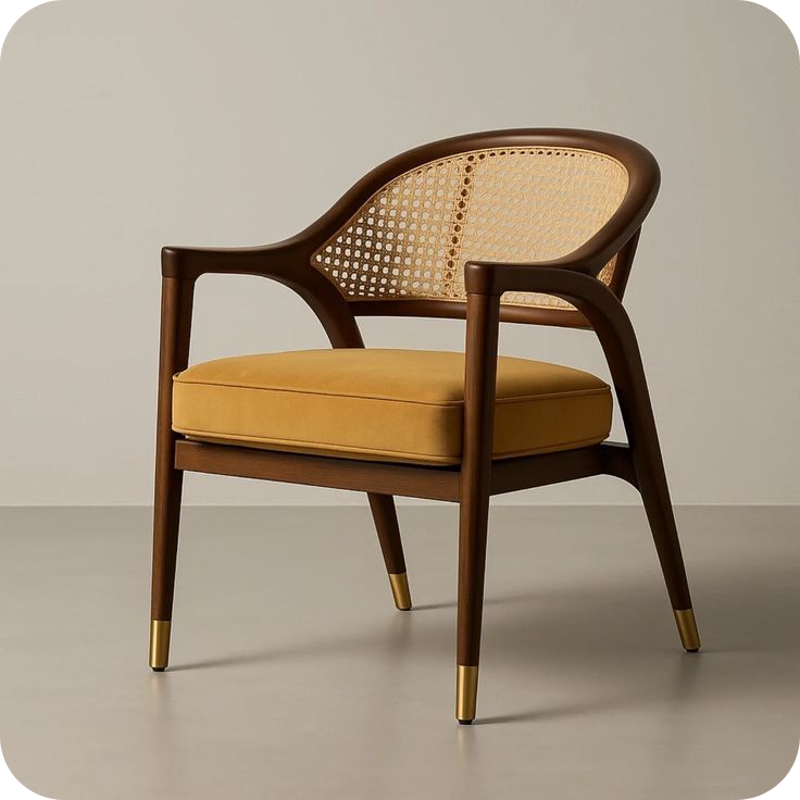 Modern Wooden Cane Chair with Cushion Seat for Living Room