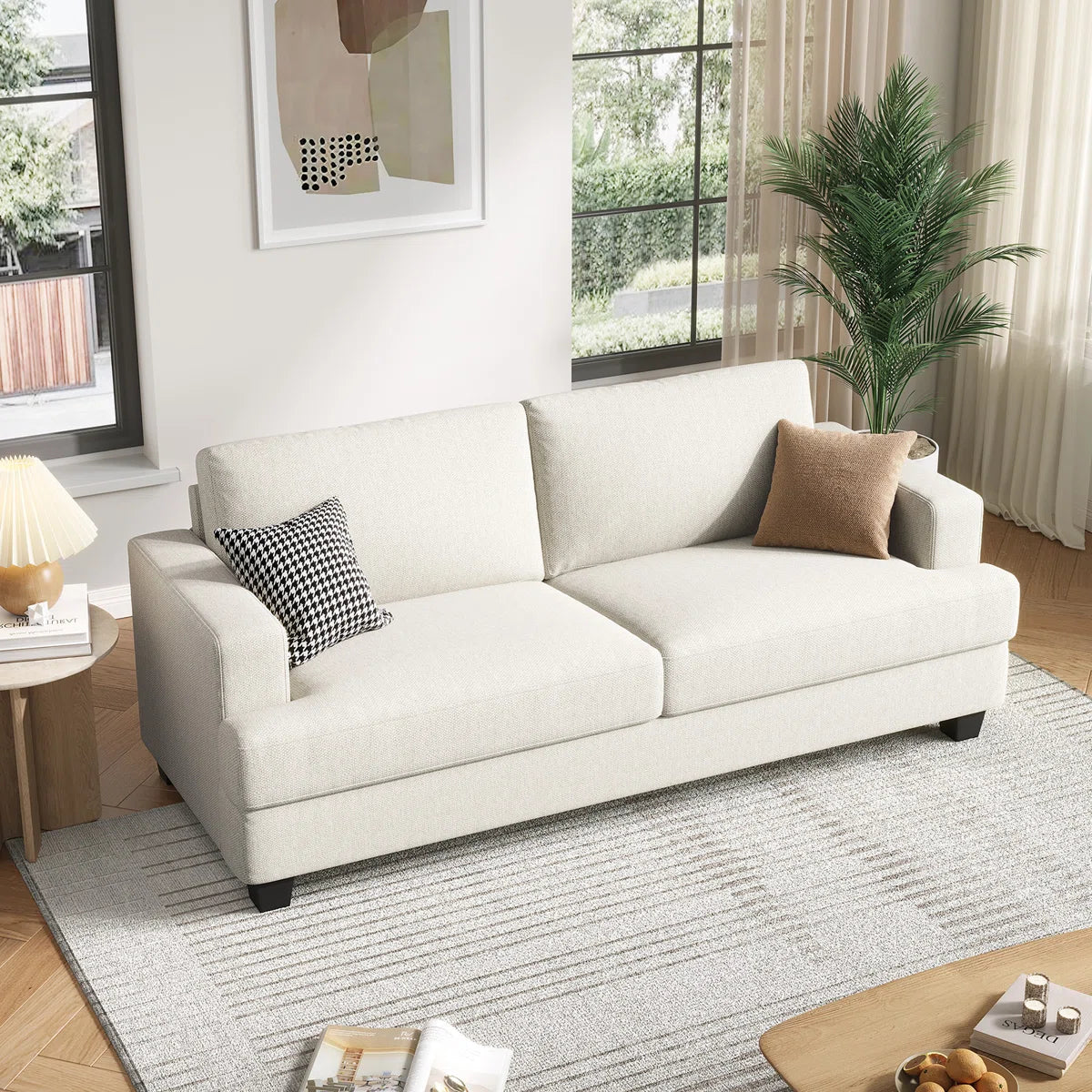 Upholstered Loveseat Sofa, Linen Fabric 2 Seater Couch For Apartment Bedroom Living Room Office