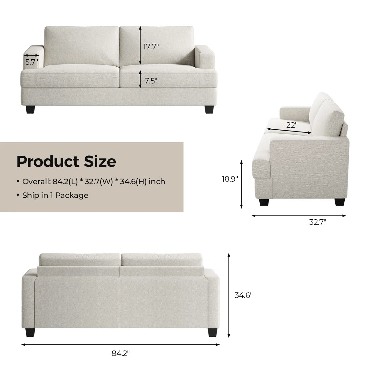 Upholstered Loveseat Sofa, Linen Fabric 2 Seater Couch For Apartment Bedroom Living Room Office