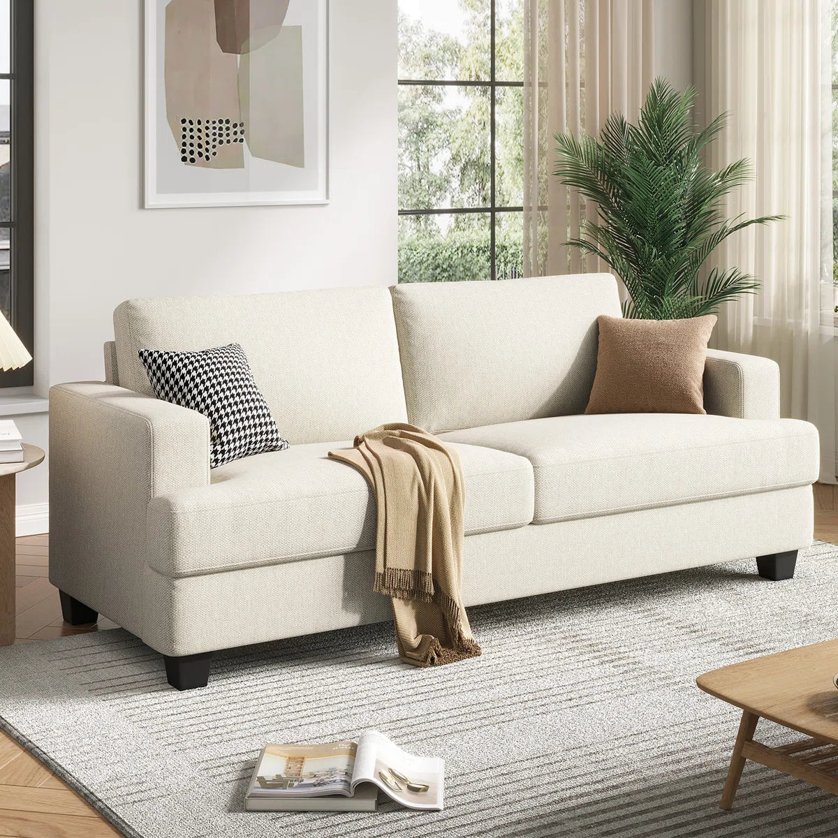 Upholstered Loveseat Sofa, Linen Fabric 2 Seater Couch For Apartment Bedroom Living Room Office