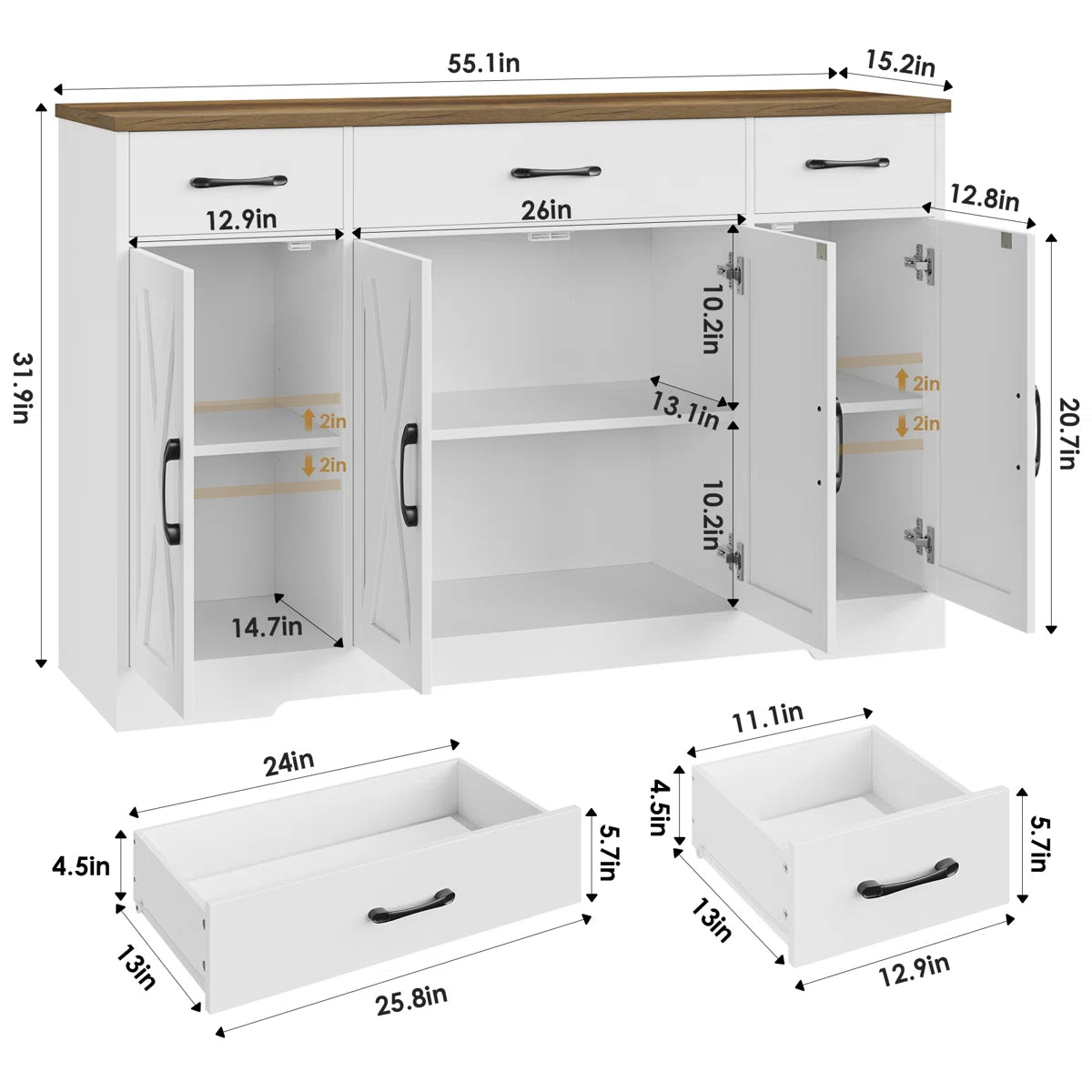 Modern Sideboard with 3 Drawers Adjustable Shelves - Wooden bazar