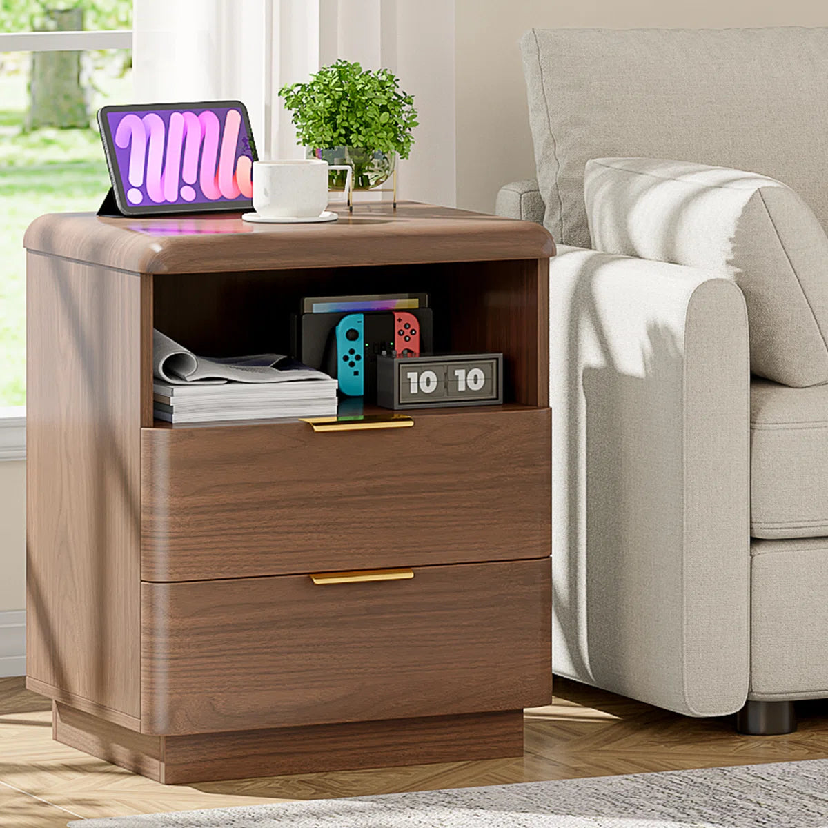 Cota Wooden Nightstand 2 Drawer Bedside Table Storage Modern Dark Walnut