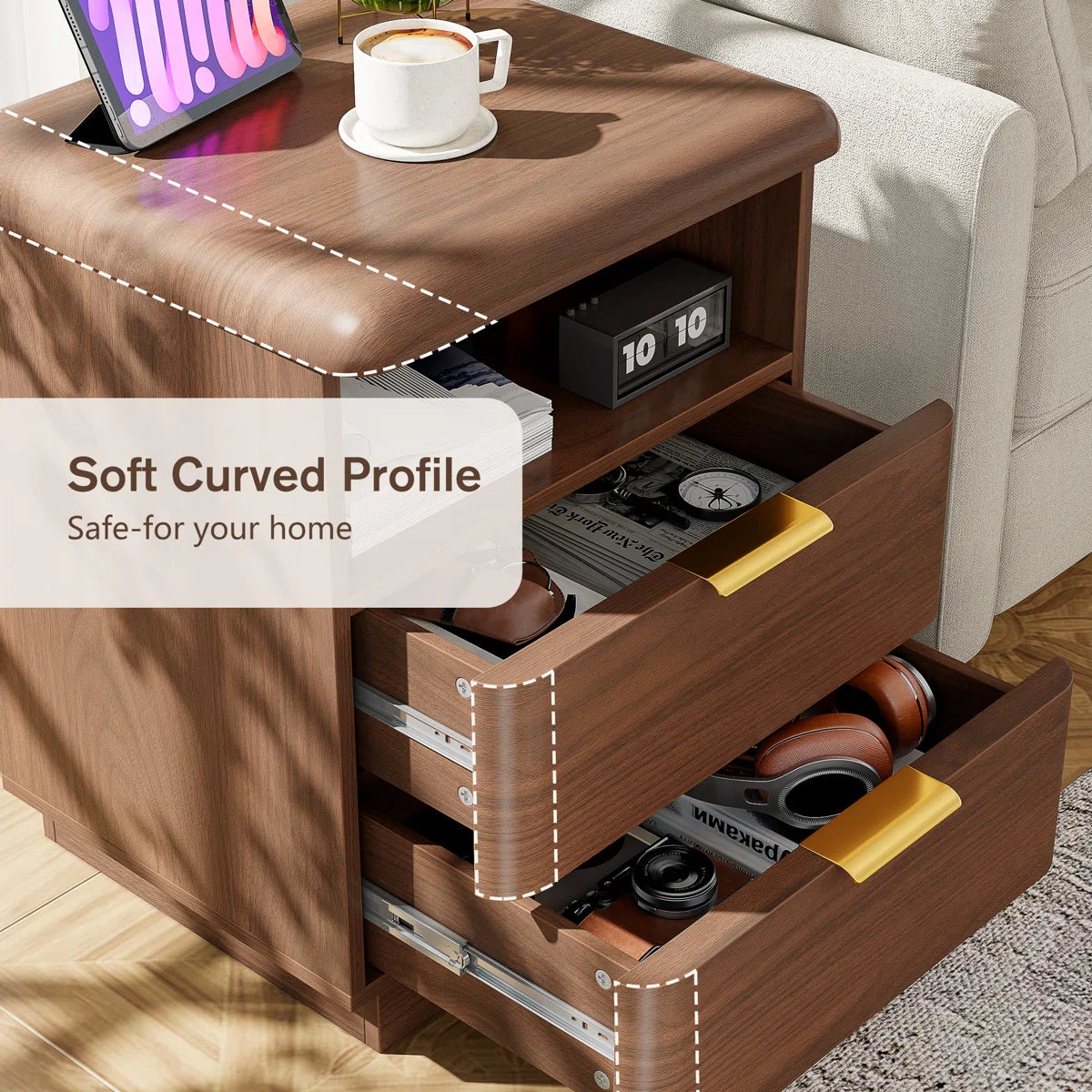 Cota Wooden Nightstand 2 Drawer Bedside Table Storage Modern Dark Walnut