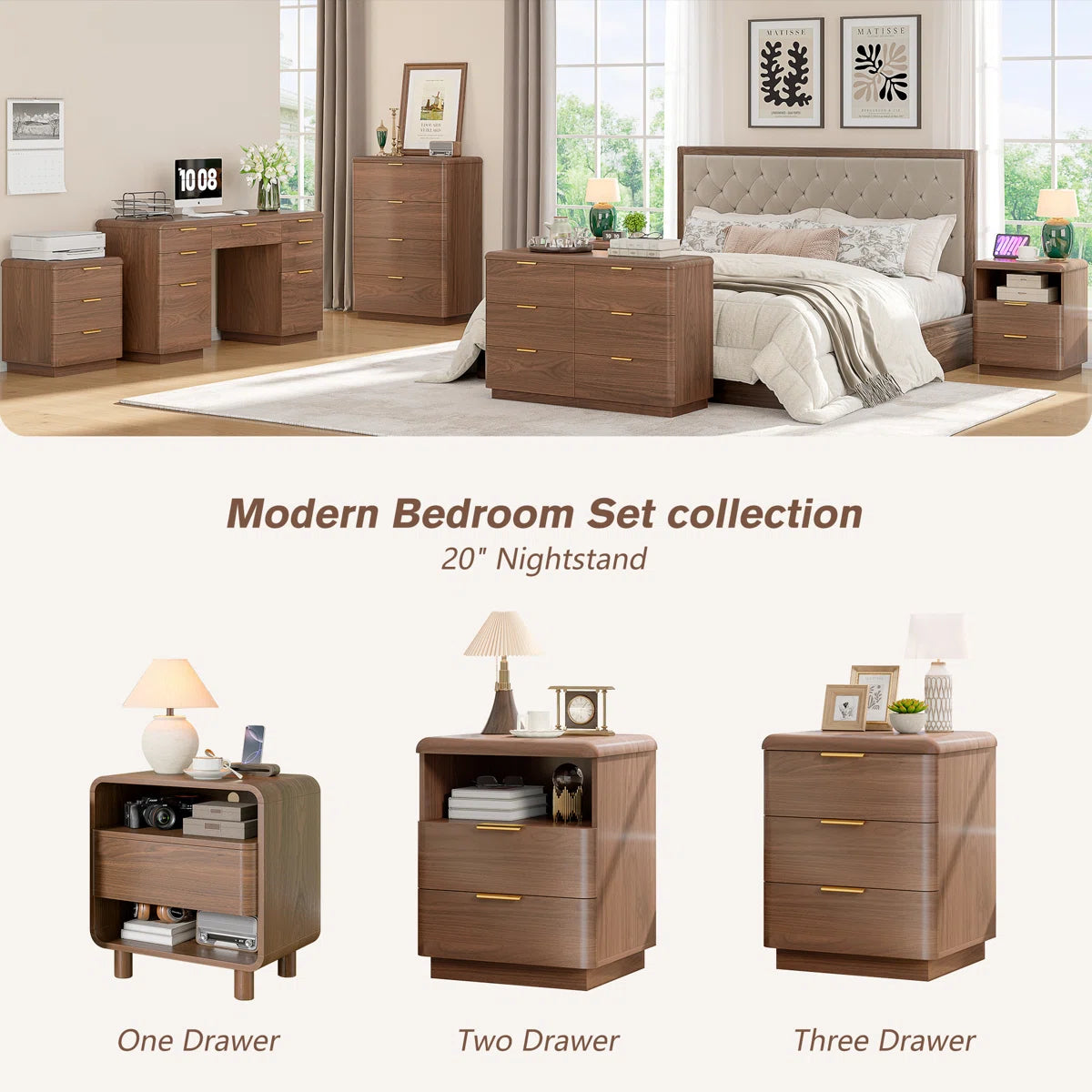 Cota Wooden Nightstand 2 Drawer Bedside Table Storage Modern Dark Walnut