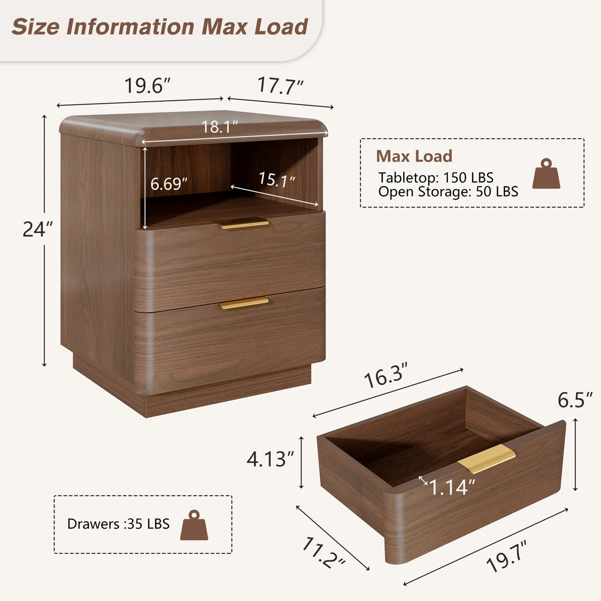 Cota Wooden Nightstand 2 Drawer Bedside Table Storage Modern Dark Walnut