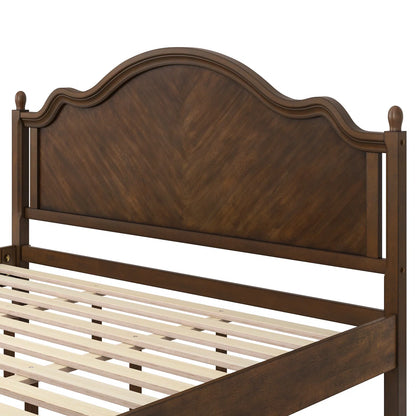 Mid-Century Modern Solid Wood Bed with Herringbone-Inspired Pattern Headboard