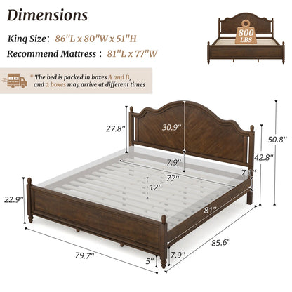 Mid-Century Modern Solid Wood Bed with Herringbone-Inspired Pattern Headboard