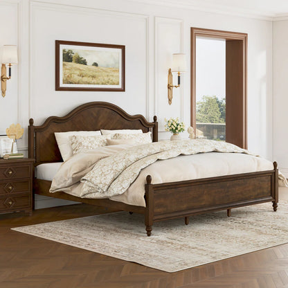 Mid-Century Modern Solid Wood Bed with Herringbone-Inspired Pattern Headboard