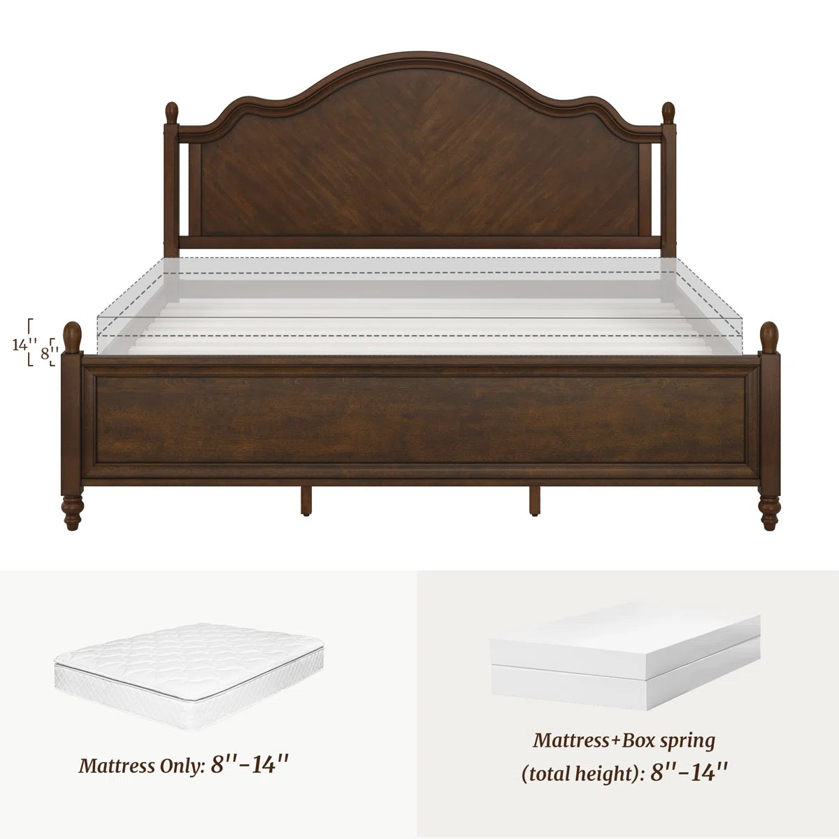 Mid-Century Modern Solid Wood Bed with Herringbone-Inspired Pattern Headboard