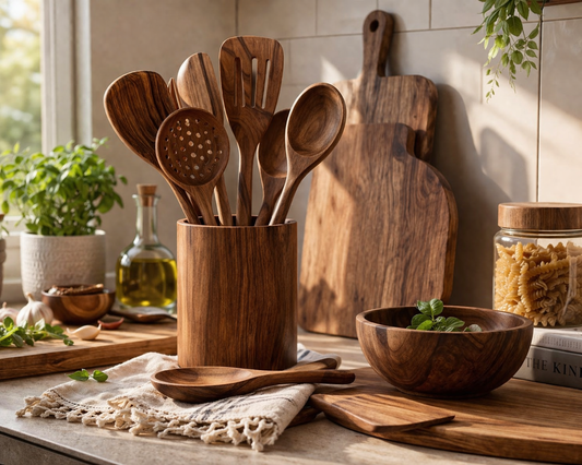 Wooden Kitchen Utensil Set with Holder | Premium Cooking Tools