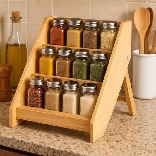 Wooden Spice Rack with 12 Glass Jars for Kitchen Counter
